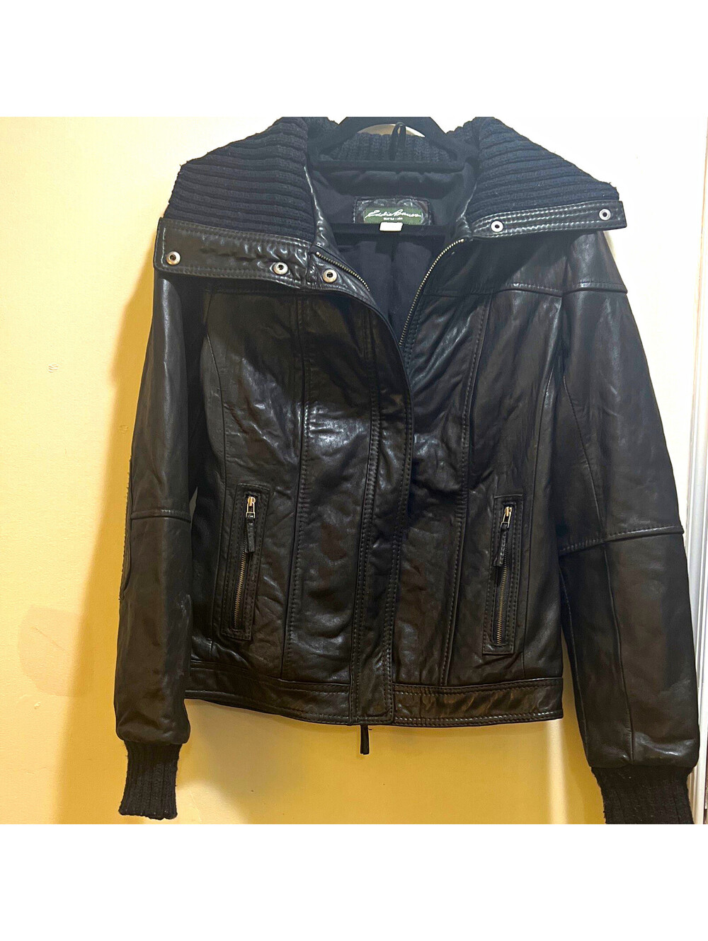 Eddie Bauer Men's Black Leather Bomber Jacket Full Zip Lined Pockets Size S